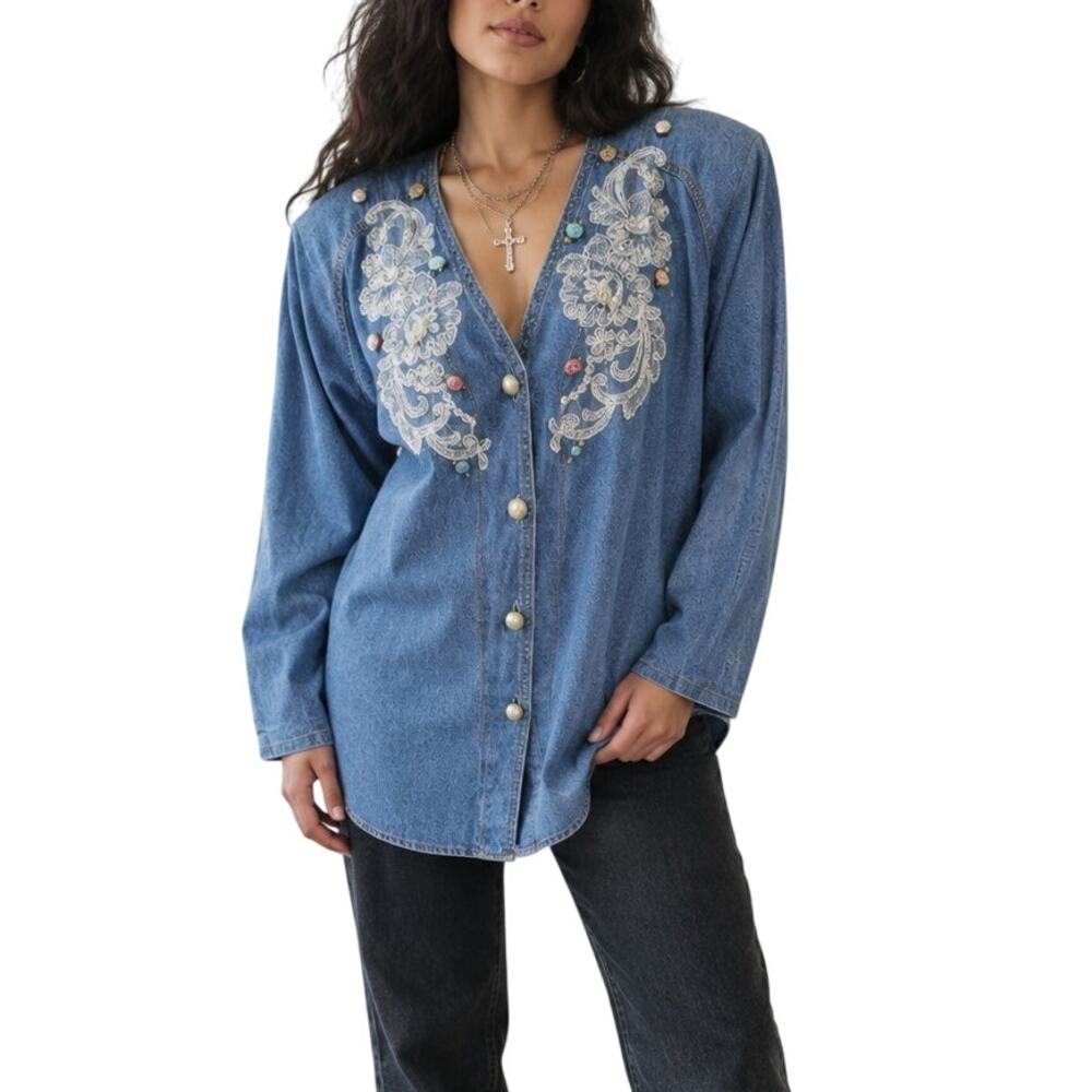 Vintage 80s Bingo Bingo Denim Top Lace Pearl Jewel Size 8